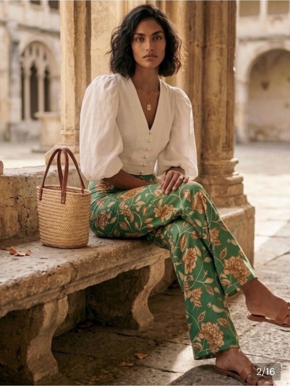 Sezane Baptisto Teal Cream Floral Linen Cotton Wide Leg Pant 6 - Picture 3 of 16